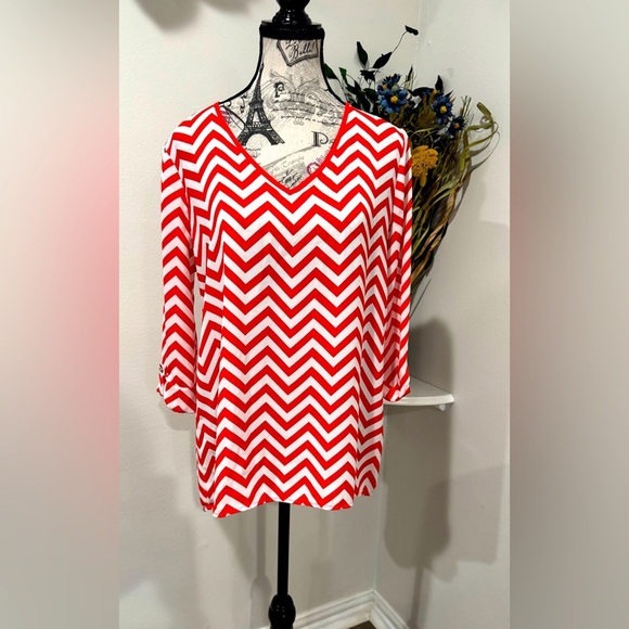 Kiara Orange/White Chevron pullover VNeck sheer Blouse- 3/4 Sleeve Size Medium - Picture 1 of 8